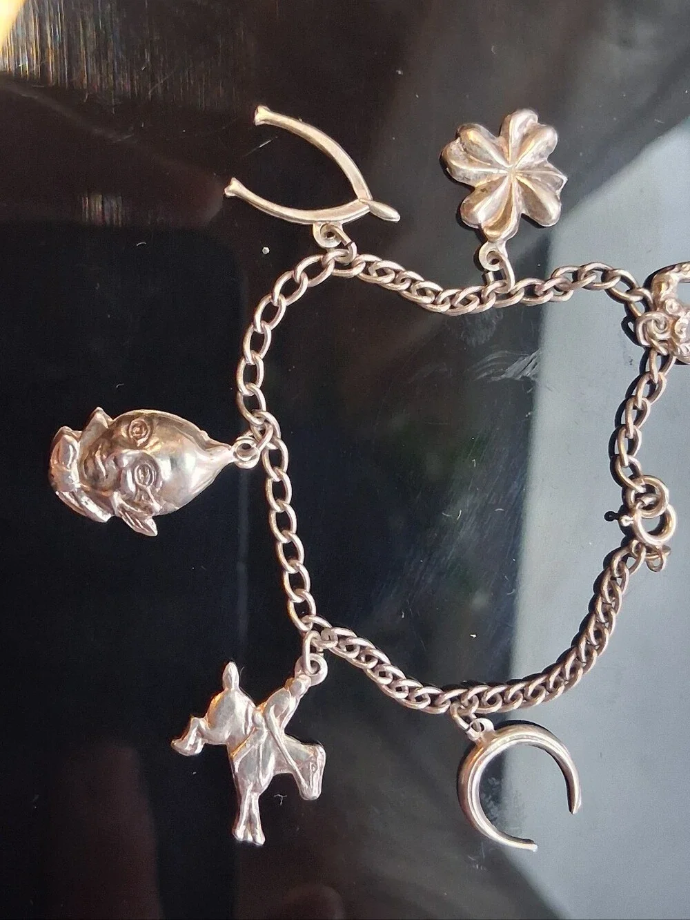 moSterling Silver Charm Bracelet with Horseshoe, Clover & Animal Charms - 6.5